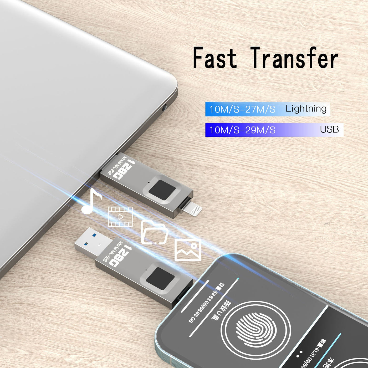 Fingerprint Encrypted USB Flash Drive 64/128/256/512G High-speed Transfer Metal Flash Fingerprint U-disk for iPhone / iPad / PC