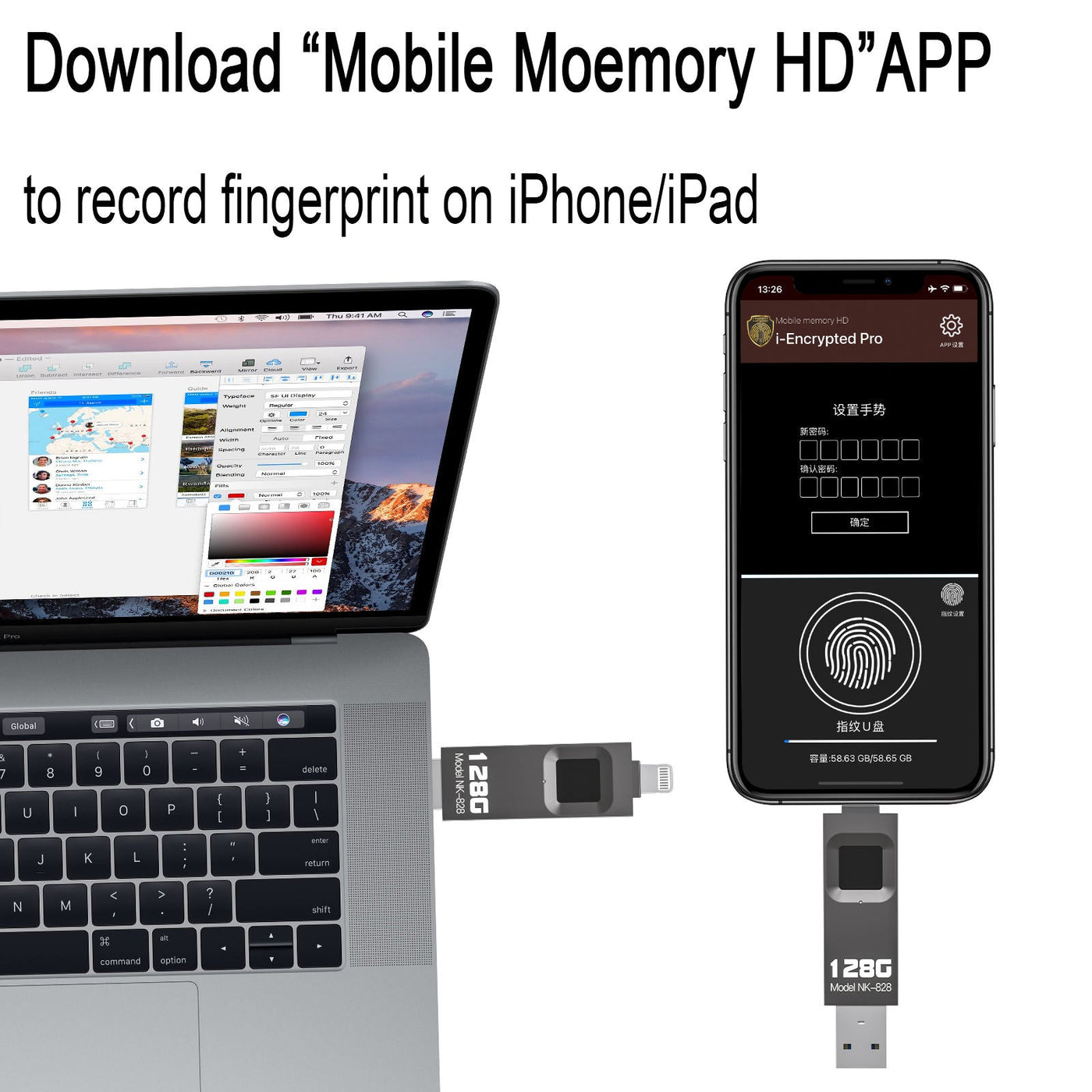 Fingerprint Encrypted USB Flash Drive 64/128/256/512G High-speed Transfer Metal Flash Fingerprint U-disk for iPhone / iPad / PC