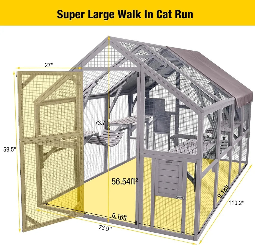 Catio Cat Enclosure Outdoor Cat Catio Large Cat Run with Bridges Walks Small Houses Roof Cover 28.27ft and 56.54ft