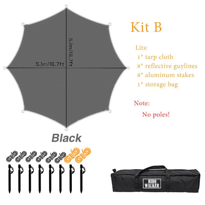 Octagon 5x5 Black Coating Tarp for 12 People Ultra Large Outdoor Camping Black Coated Tarp Waterproof Octagonal Sunshade Awning