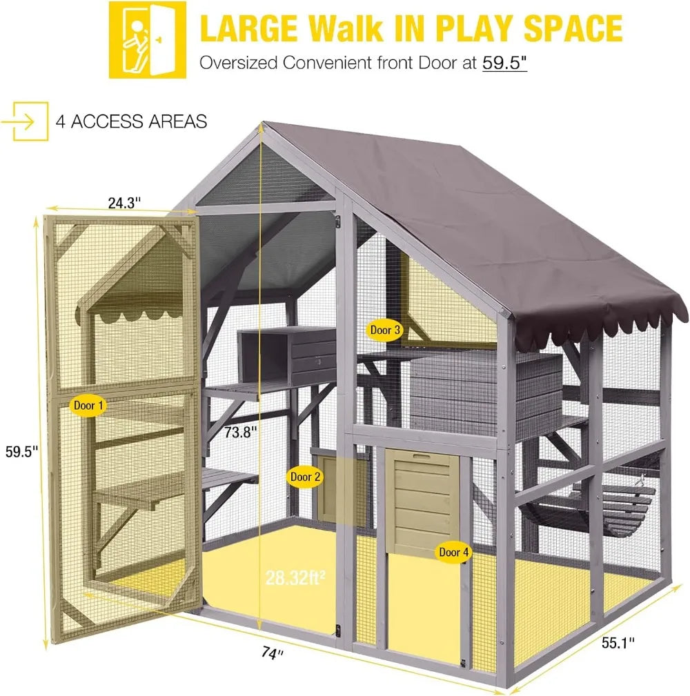 Catio Cat Enclosure Outdoor Cat Catio Large Cat Run with Bridges Walks Small Houses Roof Cover 28.27ft and 56.54ft