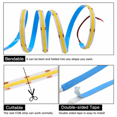High Quality 5M Cri90 Free Cutting 12V 24V 3mm 5mm 8mm Self-adhesive Cob Led Strip Light