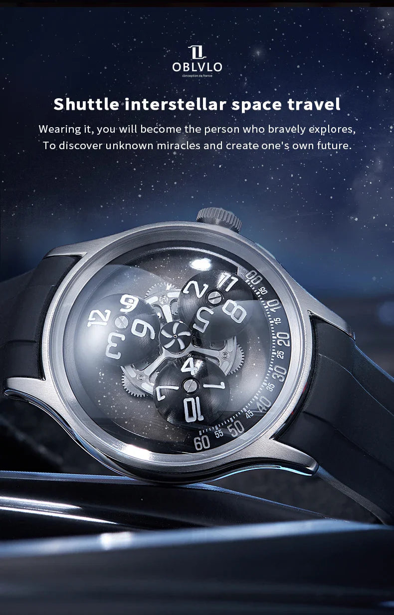 OBLVLO New Design Trisome Star Planet Automatic Watch For Men Luxury Super Luminous 316L Steel Case Mechanical Watch BLM-TRISOME