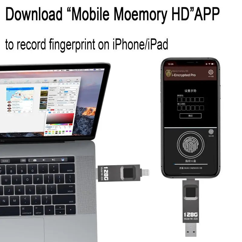 Fingerprint Encrypted USB Flash Drive 64/128/256/512G High-speed Transfer Metal Flash Fingerprint U-disk for iPhone / iPad / PC