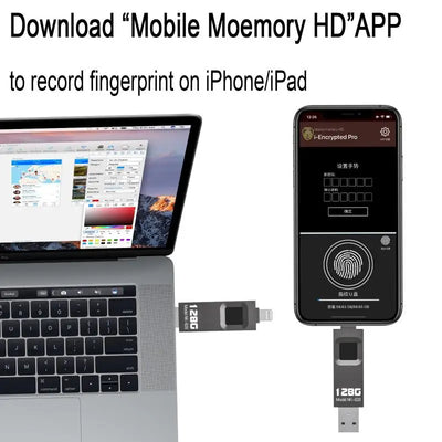 Fingerprint Encrypted USB Flash Drive 64/128/256/512G High-speed Transfer Metal Flash Fingerprint U-disk for iPhone / iPad / PC