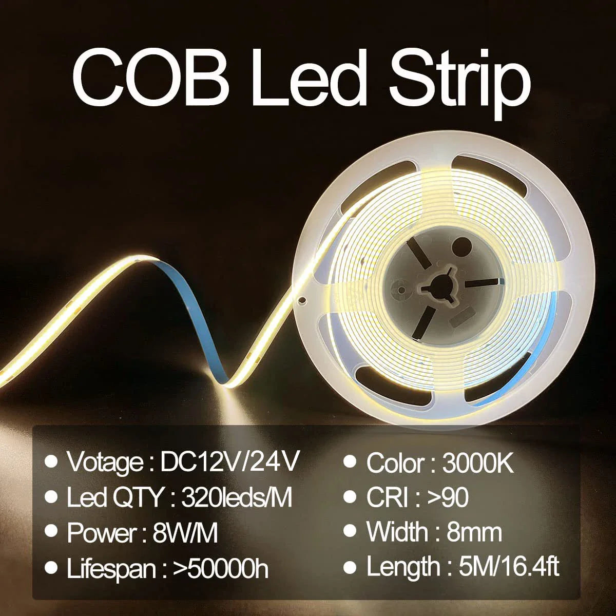 High Quality 5M Cri90 Free Cutting 12V 24V 3mm 5mm 8mm Self-adhesive Cob Led Strip Light