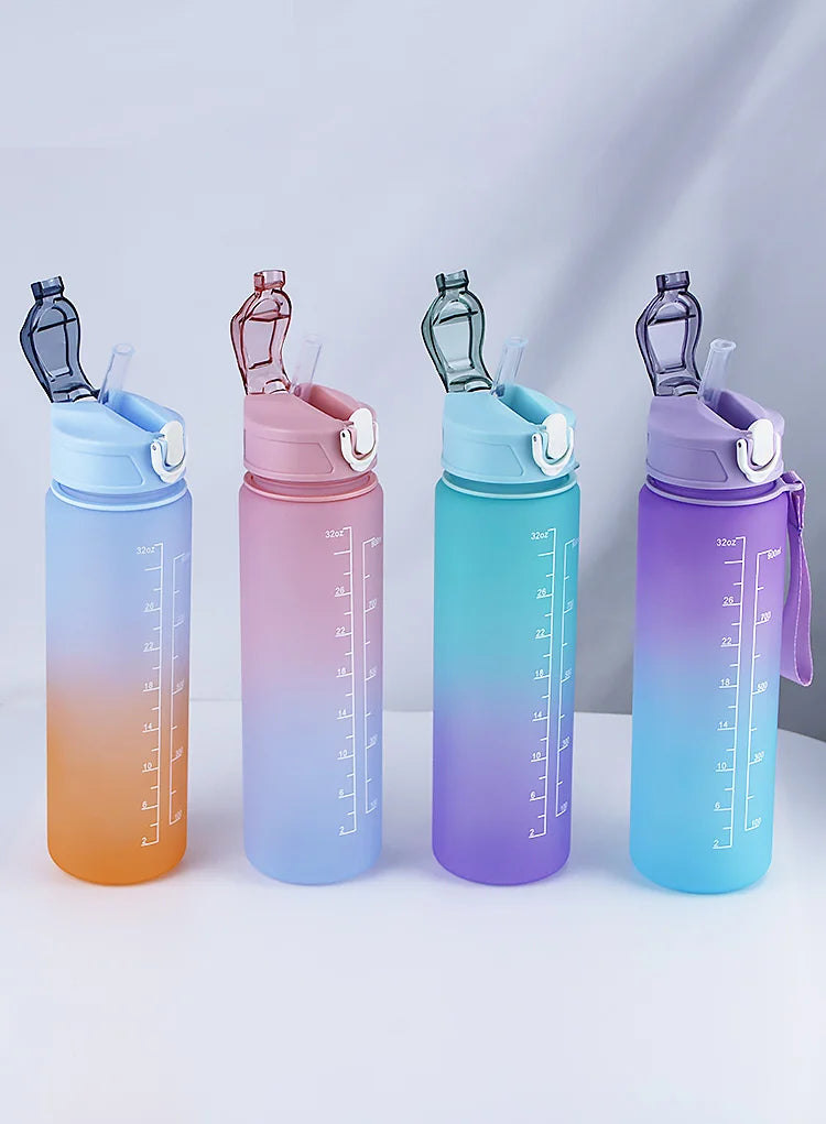 900ML Water Bottle with Straw Time Marker Leak-proof Cup Motivational Portable Water Bottle for Outdoor Sport Fitness BPA Free