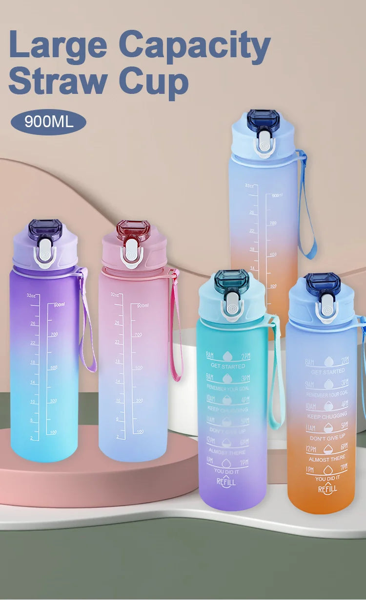 900ML Water Bottle with Straw Time Marker Leak-proof Cup Motivational Portable Water Bottle for Outdoor Sport Fitness BPA Free