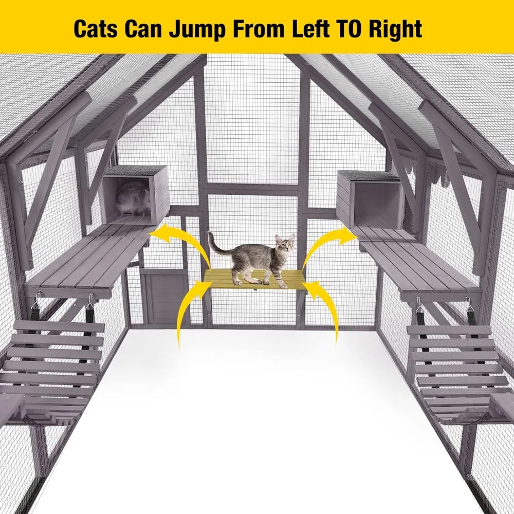 Catio Cat Enclosure Outdoor Cat Catio Large Cat Run with Bridges Walks Small Houses Roof Cover 28.27ft and 56.54ft