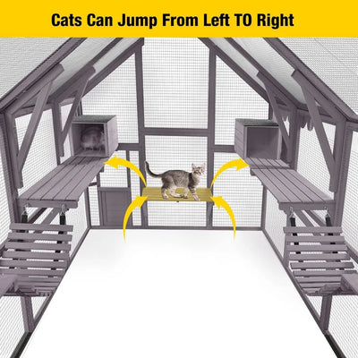 Catio Cat Enclosure Outdoor Cat Catio Large Cat Run with Bridges Walks Small Houses Roof Cover 28.27ft and 56.54ft